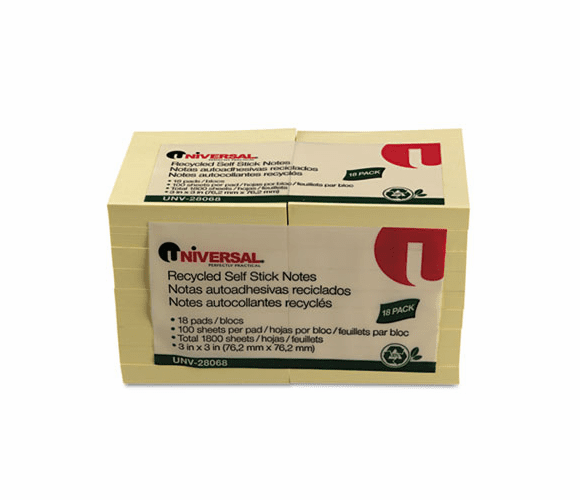 UNV28068 Recycled Sticky Notes, 3 X 3, Yellow; 18 100-Sheet Pads/Pack By UNIVERSAL OFFICE PRODUCTS