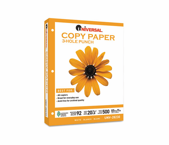 UNV28230 Copy Paper, 92 Brightness, 20lb, 8-1/2 x 11, 3-Hole Punch, White, 5000 Shts/Ctn By UNIVERSAL OFFICE PRODUCTS