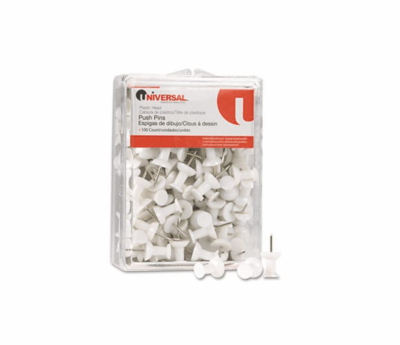 UNV31302 Colored Push Pins, Plastic, White, 3/8", 100/Pack By UNIVERSAL OFFICE PRODUCTS
