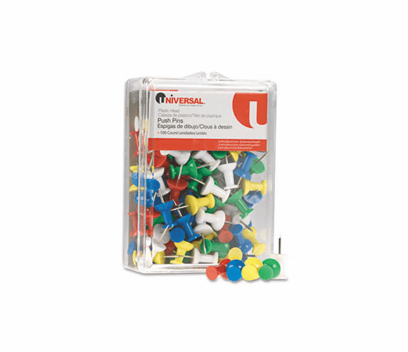 UNV31310 Colored Push Pins, Plastic, Rainbow, 3/8", 100/Pack By UNIVERSAL OFFICE PRODUCTS