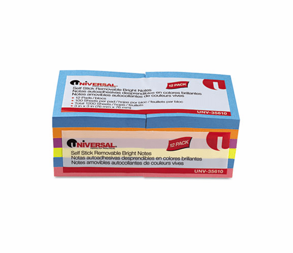 UNV35610 Standard Self-Stick Bright Pads, 3 x 3, 4 Colors, 12 100-Sheet Pads/Pack By UNIVERSAL OFFICE PRODUCTS
