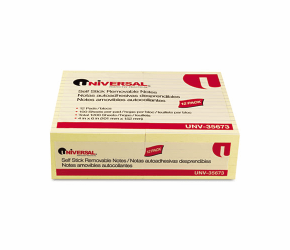 UNV35673 Standard Self-Stick Notes, 4 x 6, Lined, Yellow, 12 100-Sheet Pads/Pack By UNIVERSAL OFFICE PRODUCTS