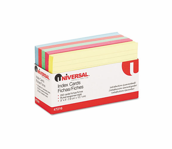 UNV47216 Index Cards, 3 x 5, Blue/Salmon/Green/Cherry/Canary, 250/Pack By UNIVERSAL OFFICE PRODUCTS