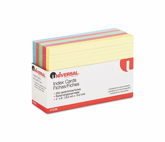 UNV47236 Index Cards, 4 x 6, Blue/Salmon/Green/Cherry/Canary, 250/Pack By UNIVERSAL OFFICE PRODUCTS