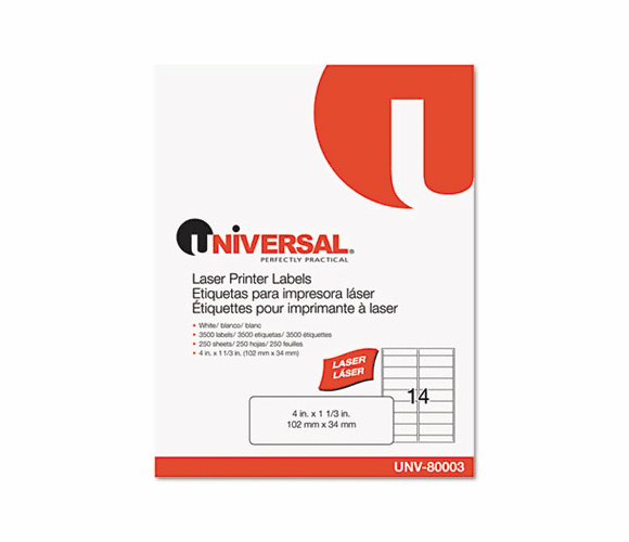 UNV80003 Laser Printer Permanent Labels, 1-1/3 x 4, White, 3500/Box By UNIVERSAL OFFICE PRODUCTS
