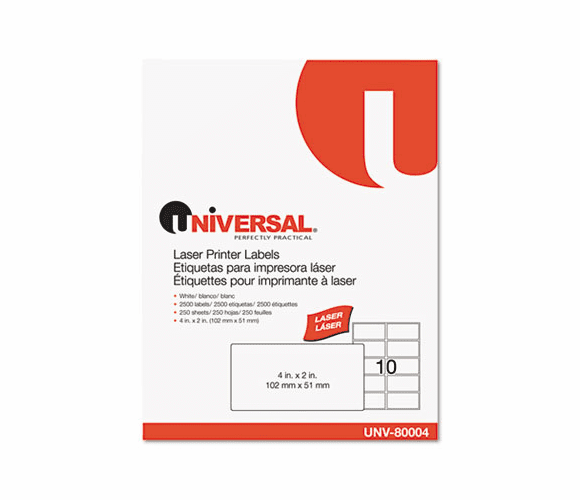 UNV80004 Laser Printer Permanent Labels, 2 x 4, White, 2500/Box By UNIVERSAL OFFICE PRODUCTS