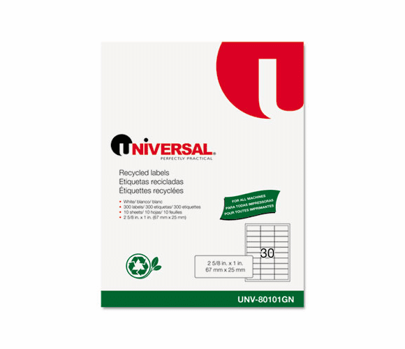 UNV80101GN Laser Printer Permanent Labels, Recycled, 1 x 2-5/8, White, 300/Pack By UNIVERSAL OFFICE PRODUCTS