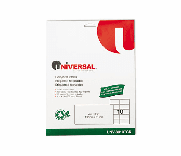 UNV80107GN Laser Printer Permanent Labels, Recycled, 2 x 4, White, 100/Pack By UNIVERSAL OFFICE PRODUCTS