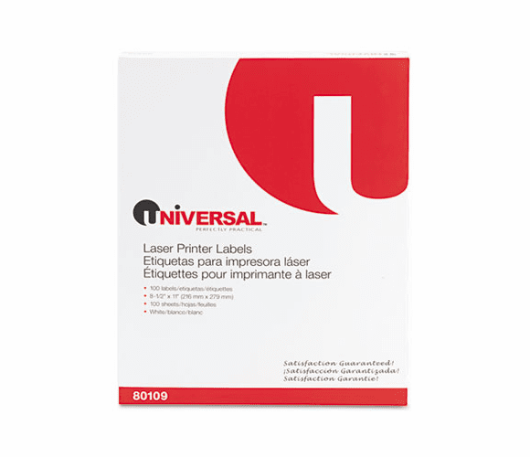 UNV80109 Laser Printer Permanent Labels, 8-1/2 x 11, White, 100/Box By UNIVERSAL OFFICE PRODUCTS