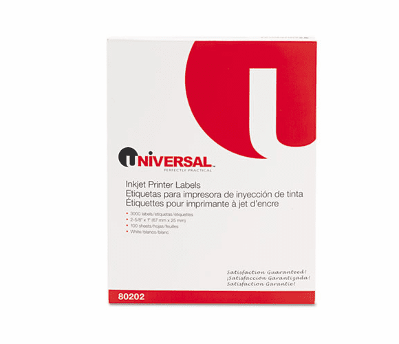 UNV80202 Inkjet Printer Labels, 1 x 2-5/8, White, 3000/Box By UNIVERSAL OFFICE PRODUCTS
