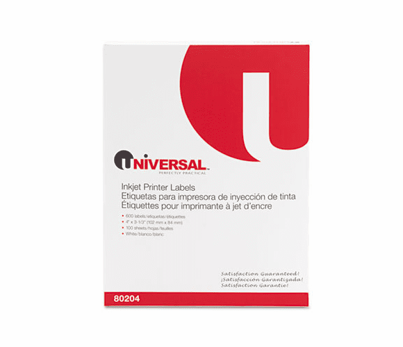 UNV80204 Inkjet Printer Labels, 3-1/3 x 4, White, 600 Labels/Box By UNIVERSAL OFFICE PRODUCTS