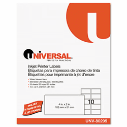 UNV80205 Inkjet Printer Labels, 2 x 4, White, 250/Pack By UNIVERSAL OFFICE PRODUCTS