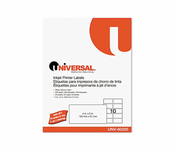UNV80205 Inkjet Printer Labels, 2 x 4, White, 250/Pack By UNIVERSAL OFFICE PRODUCTS