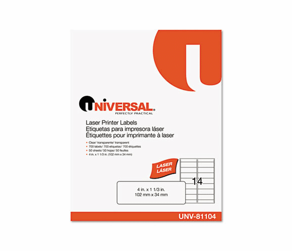 UNV81104 Laser Printer Permanent Labels, 1-1/3 x 4, Clear, 700/Box By UNIVERSAL OFFICE PRODUCTS