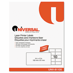 UNV81105 Laser Printer Permanent Labels, 2 x 4, Clear, 500/Box By UNIVERSAL OFFICE PRODUCTS