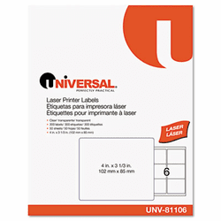 UNV81106 Laser Printer Permanent Labels, 3-1/3 x 4, Clear, 300/Box By UNIVERSAL OFFICE PRODUCTS