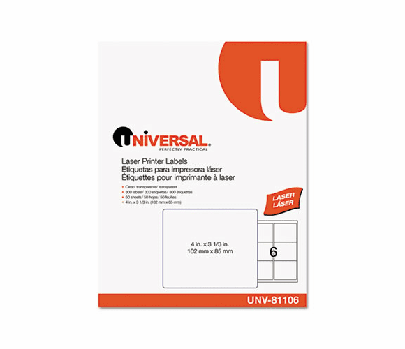 UNV81106 Laser Printer Permanent Labels, 3-1/3 x 4, Clear, 300/Box By UNIVERSAL OFFICE PRODUCTS