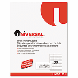 UNV81201 Inkjet Printer Labels, 1 x 2-5/8, Clear, 30/Sheet, 750/Pack By UNIVERSAL OFFICE PRODUCTS