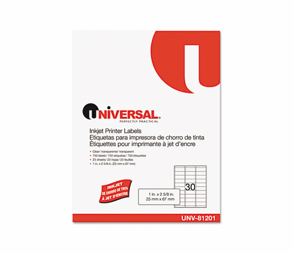 UNV81201 Inkjet Printer Labels, 1 x 2-5/8, Clear, 30/Sheet, 750/Pack By UNIVERSAL OFFICE PRODUCTS