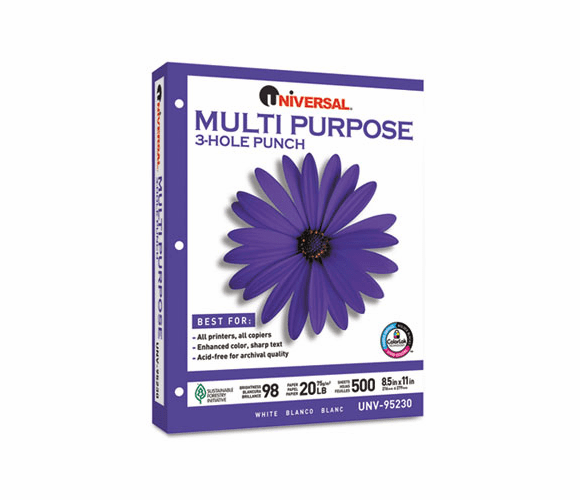 UNV95230 Multipurpose Paper, 98 Brightness, 20lb, Ltr, 3-Hole Punch, Bright WE, 5000/Ctn By UNIVERSAL OFFICE PRODUCTS
