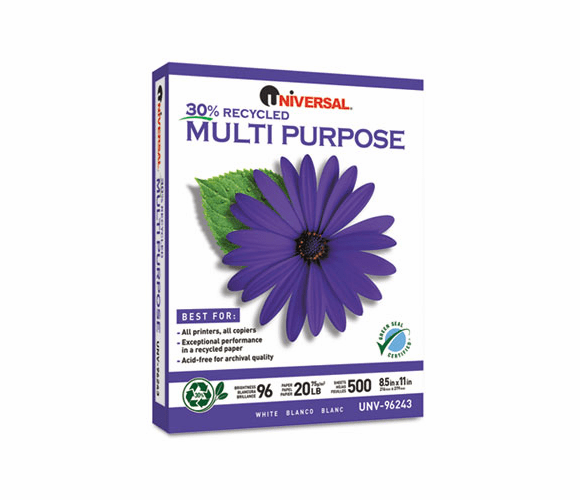 UNV96243 Recycled Paper, 96 Brightness, 20lb, 8-1/2 x 11, Ultra White, 500 Sheets/Ream By UNIVERSAL OFFICE PRODUCTS