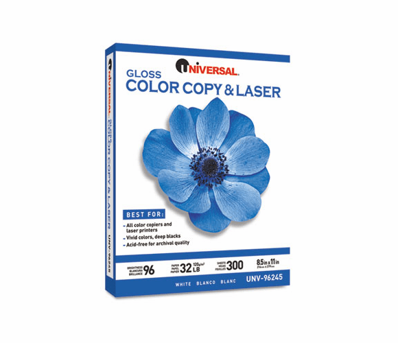 UNV96245 Gloss Color Copy/Laser Paper, 96 Brightness, 32lb, 8-1/2 x 11, WE, 300 Shts/Pk By UNIVERSAL OFFICE PRODUCTS