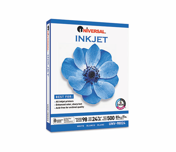 UNV98024 Inkjet Paper, 98 Brightness, 24lb, 8-1/2 x 11, White, 500 Sheets/Ream By UNIVERSAL OFFICE PRODUCTS