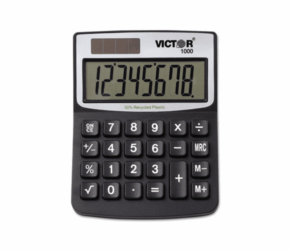 VCT1000 1000 Minidesk Calculator, Solar/Battery, 8-Digit Display, Black By VICTOR TECHNOLOGIES