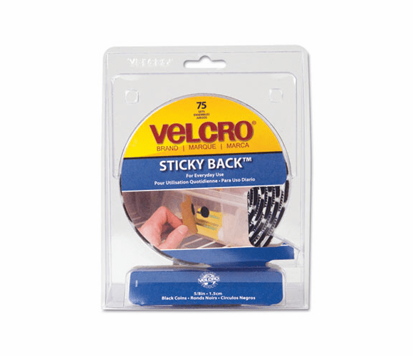 VEK90089 Sticky-Back Hook and Loop Dot Fasteners with Dispenser, 5/8 Inch, Black, 75/Roll By VELCRO USA, INC.