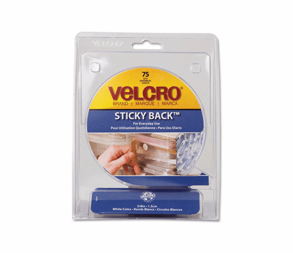 VEK90090 Sticky-Back Hook and Loop Dot Fasteners with Dispenser, 5/8 Inch, White, 75/Roll By VELCRO USA, INC.