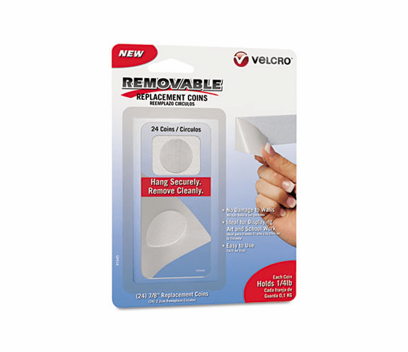 VEK91645 Removable Light Duty Hook & Loop Fasteners, 24 Coins, (7/8"), WH By VELCRO USA, INC.