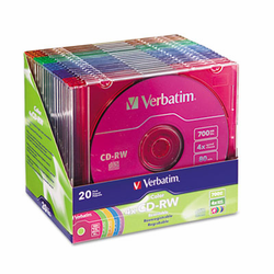 VER94300 CD-RW Discs, 700MB/80min, 4X, Slim Jewel Case, Assorted Colors, 20/Pack By VERBATIM CORPORATION