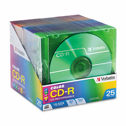 VER94611 CD-R Discs, 700MB/80min, 52x, Slim Jewel Cases, Assorted Colors, 25/Pack By VERBATIM CORPORATION