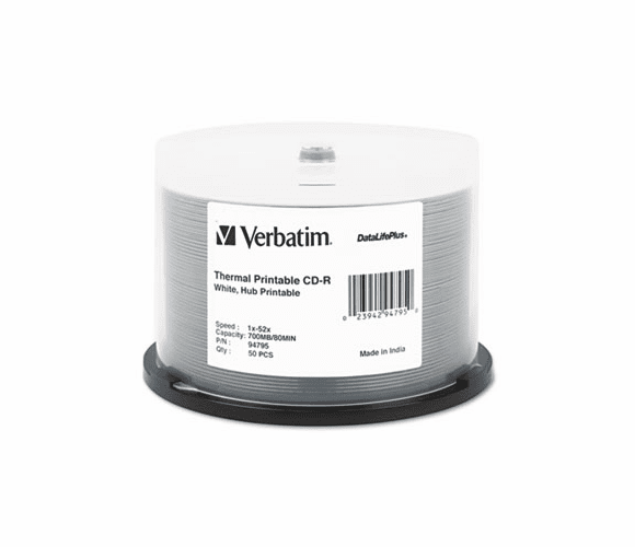 VER94795 Printable CD-R Discs, 700MB/80min, 52x, Spindle, White, 50/Pack By VERBATIM CORPORATION