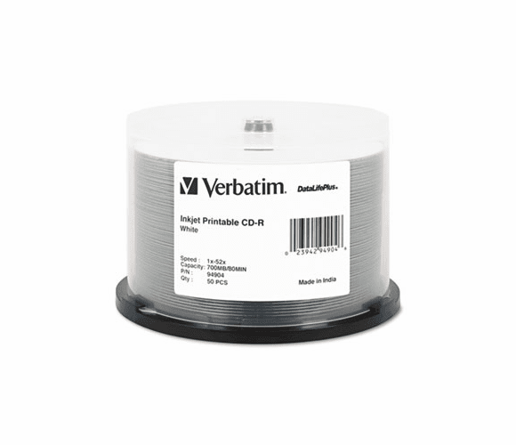 VER94904 CD-R Discs, 700MB/80min, 52x, Spindle, White, 50/Pack By VERBATIM CORPORATION