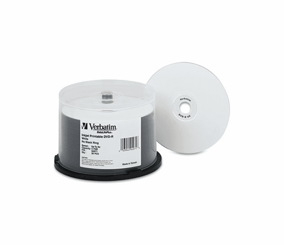 VER94971 Inkjet Printable DVD-R Discs, 4.7GB, 8x, Spindle, White, 50/Pack By VERBATIM CORPORATION