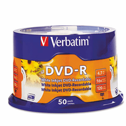 VER95079 Inkjet Printable DVD-R Discs, 4.7GB, 16x, Spindle, White, 50/Pack By VERBATIM CORPORATION