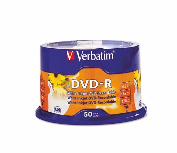 VER95079 Inkjet Printable DVD-R Discs, 4.7GB, 16x, Spindle, White, 50/Pack By VERBATIM CORPORATION