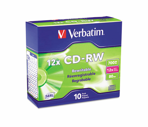 VER95156 CD-RW Discs, 700MB/80min, 12x, w/Slim Jewel Cases, Silver, 10/Pack By VERBATIM CORPORATION