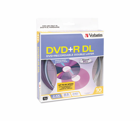 VER95166 Dual-Layer DVD+R Discs, 8.5GB, 2.4x, Spindle, 10/Pack, Silver By VERBATIM CORPORATION