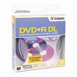 VER95166 Dual-Layer DVD+R Discs, 8.5GB, 2.4x, Spindle, 10/Pack, Silver By VERBATIM CORPORATION