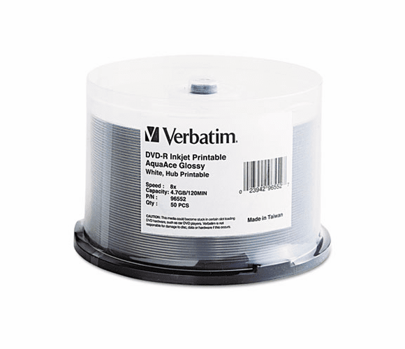VER96552 Inkjet Printable DVD-R Discs, 4.7GB, 8x, Spindle, White, 50/Pack By VERBATIM CORPORATION