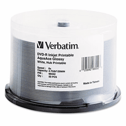 VER96552 Inkjet Printable DVD-R Discs, 4.7GB, 8x, Spindle, White, 50/Pack By VERBATIM CORPORATION