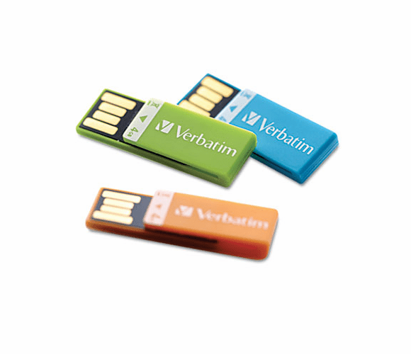 VER97563 Clip-It USB Flash Drive, 4G, 3-Pack:  Blue, Green, Orange By VERBATIM CORPORATION