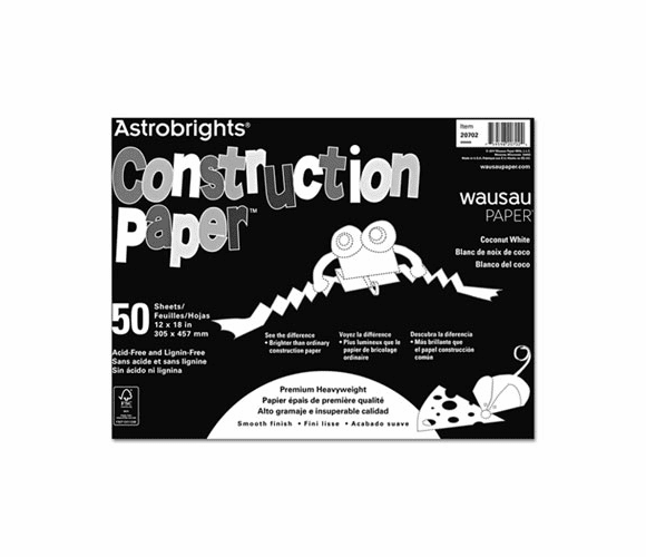 WAU20702 Astrobrights Construction Paper, 72-lb., 12 x 18, Coconut White, 50 Sheets/Pack By WAUSAU PAPERS