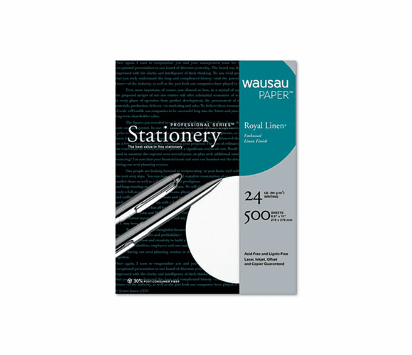 WAU74089 Royal Linen Fine Business Paper, 24 lbs., 8-1/2 x 11, White, 500/Box By WAUSAU PAPERS