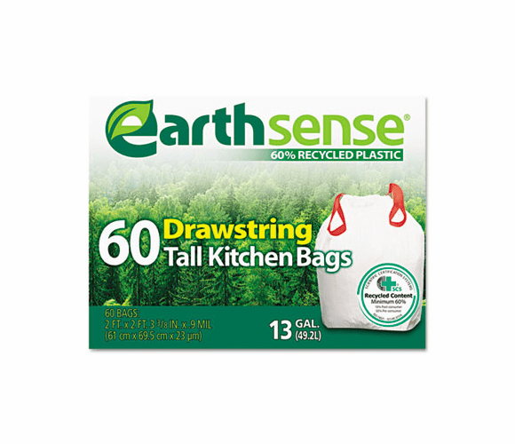 WBIGES6DK60 Recycled Can Liners, 13 gal, .9 mil, 24 1/2 x 27 3/8, White, 60 Bags/Pack By WEBSTER INDUSTRIES