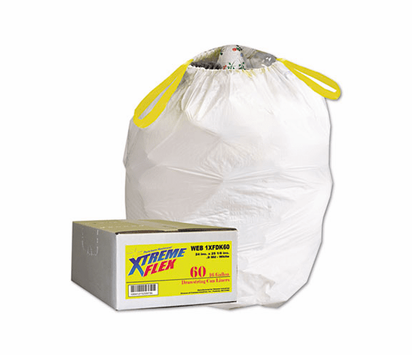 WBIWEB1XFDK60 Drawstring Can Liners, 13 Gallon, .9 mil, White, 60/Carton By WEBSTER INDUSTRIES