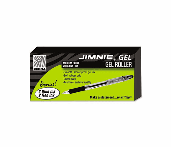 ZEB14410 Jimnie Roller Ball Stick Gel Pen, Black Ink, Medium, 24 per Box By ZEBRA PEN CORP.