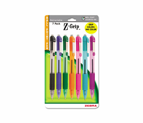 ZEB22276 Z-Grip Retractable Ballpoint Pen, Assorted Ink, Medium, 7 per Pack By ZEBRA PEN CORP.